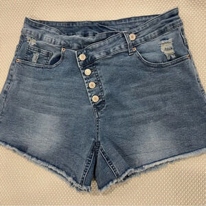 Crossover Button High rise large comfort stretch blue denim shorts frayed hem